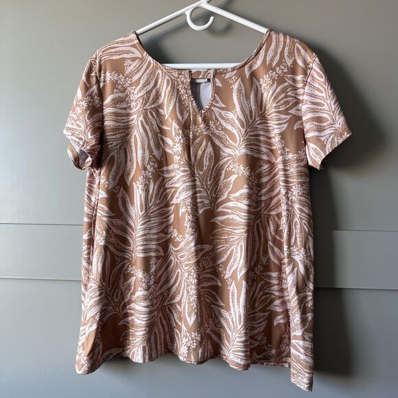 Hula Bay Shirt Womens XL Tan White Tropical Leaf Print Short Sleeve Monsterra - Picture 1 of 10
